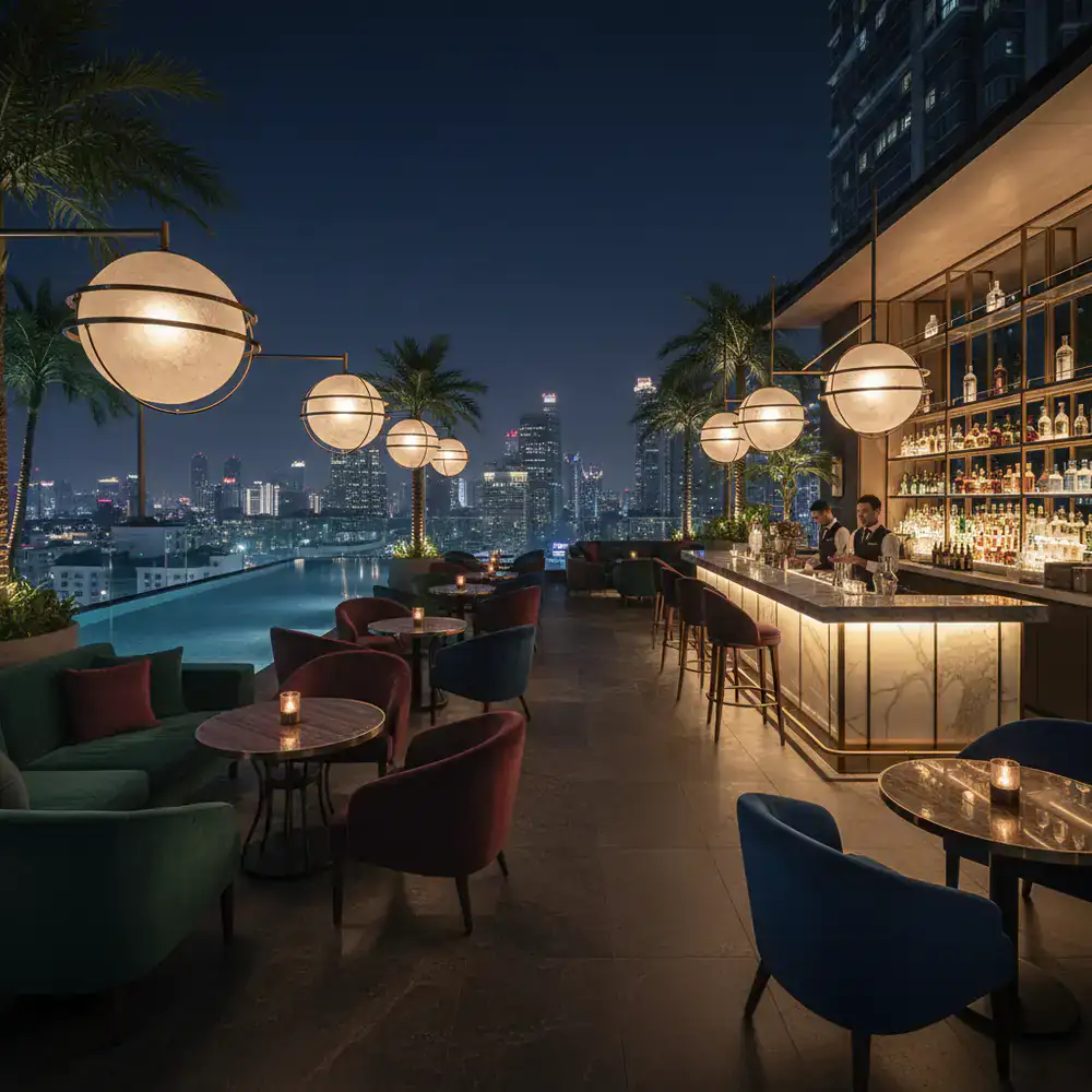 Luxury rooftop lounge bar at night